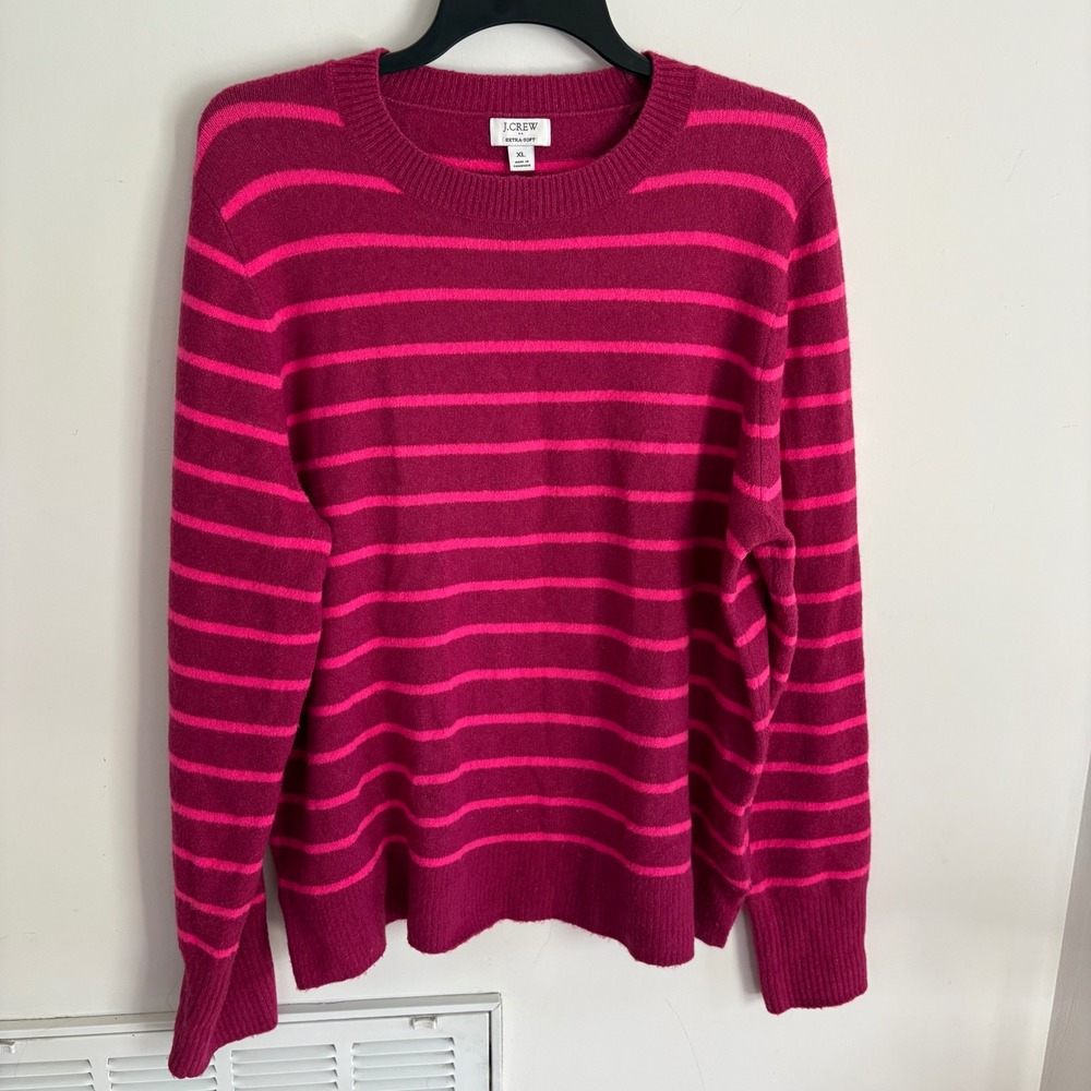J.Crew Extra-Soft Striped Crewneck Sweater Women Pink Magenta XL Wool Blend